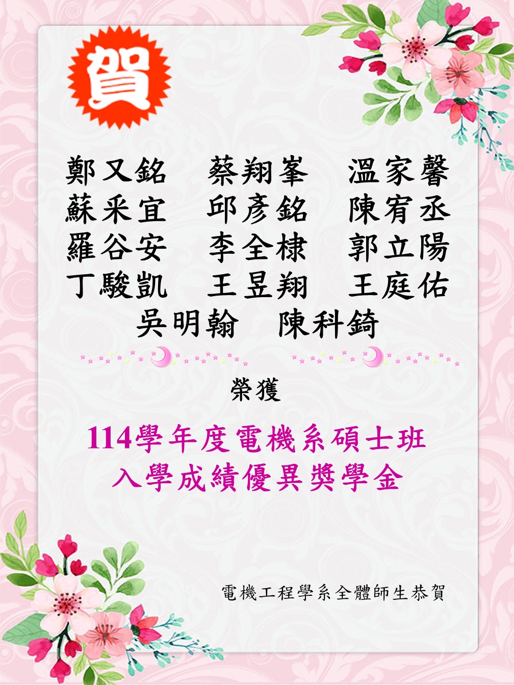 114學年度碩士班入學成績優異獎學金獲獎名單
