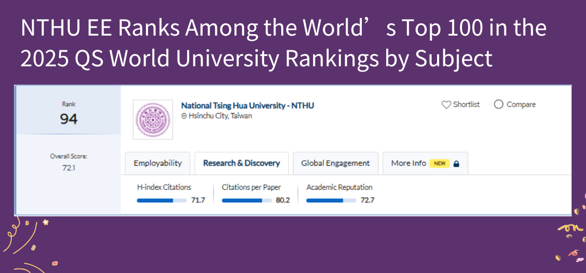 NTHU EE Ranks Among the World’s Top 100 in the 2025 QS World University Rankings by SubjectImage